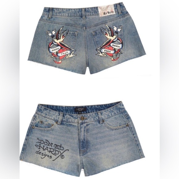 Ed Hardy blue jeans light tint SWALLOW DENIM SHORTS size 28‎ new - Picture 1 of 7